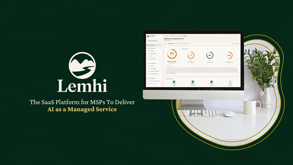 The Lemhi logo beside a desktop monitor showing the Lemhi platform dashboard, with the line: The SaaS platform for MSPs to deliver AI as a managed service